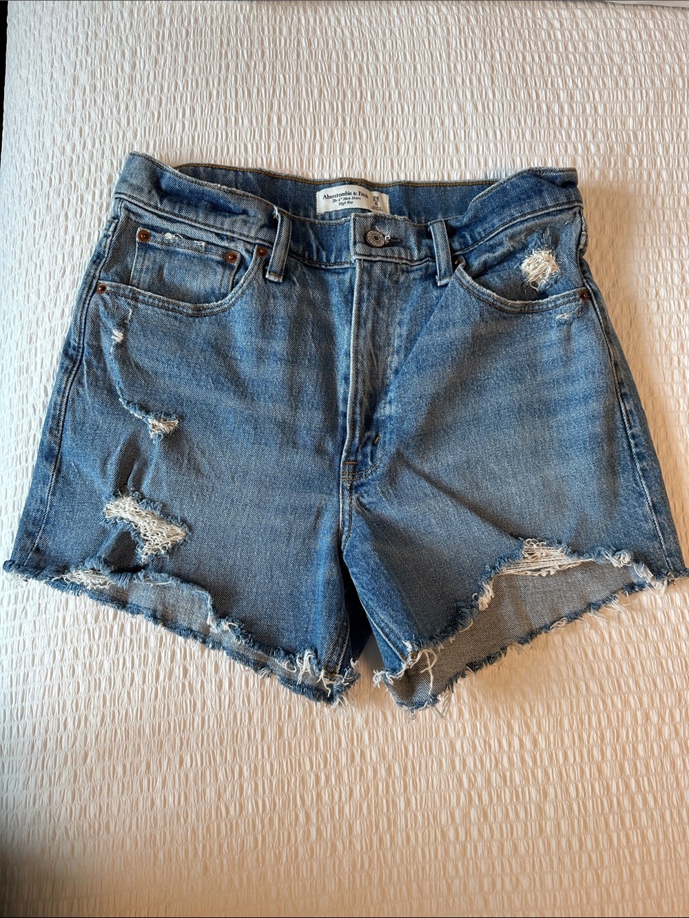 Abercrombie & Fitch Distressed High-Rise Denim Cutoff Shorts - Light Blue